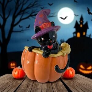 Yankee Candle Halloween Jar Holder Pumpkin Black Sophia Cat NEW (A)